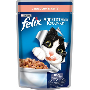 Felix корм пауч для взрослых кошек, лосось в желе, 85гр (21657)
