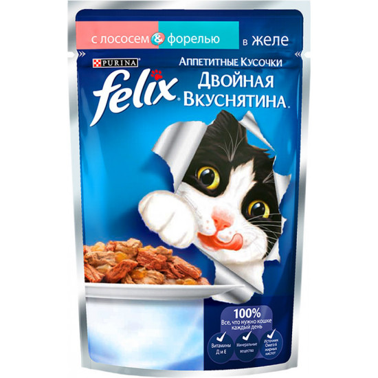 Felix корм пауч для взрослых кошек, лосось и форель в желе, 85гр (19780)