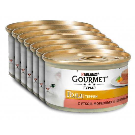 Gourmet Gold корм террин для взрослых кошек, с уткой, морковью и шпинатом, выгодный набор 10шт*85гр (28778)