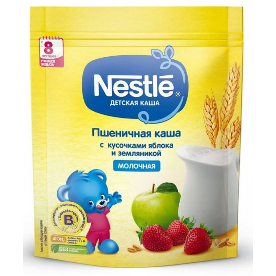 Nestle молочная каша пшеничная с яблоком и земляникой, с 8 месяцев, 220гр (31368)