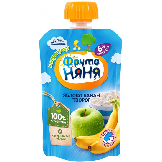 Фруто Няня пюре сашет, яблоко, банан и творог, c 6 месяцев, 90гр (06161)