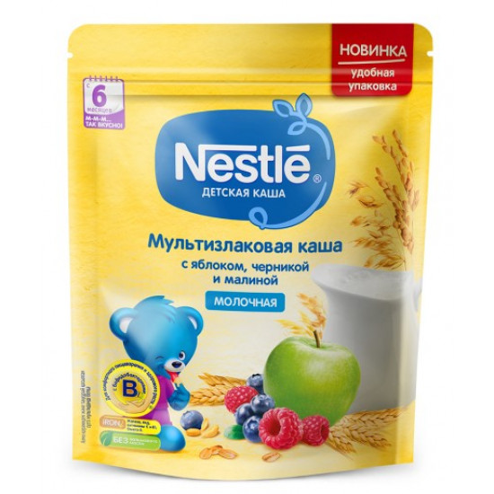 Nestle молочная мультизлаковая каша с яблоком,черникой и малиной, с 6 месяцев, 220гр (00355)