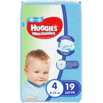 Huggies ultra comfort подгузники для мальчиков #4, 8-14 кг, 19шт (43550)