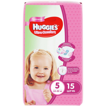 Huggies ultra comfort подгузники для девочек #5, 12-22 кг, 15шт (43581)