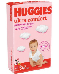 Huggies ultra comfort подгузники для девочек #4, 8-14 кг, 80шт (43680)
