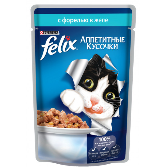 Felix корм пауч для взрослых кошек, форель в желе, 85гр (63131)