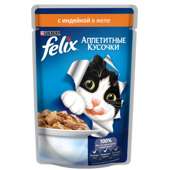 Felix корм пауч для взрослых кошек, индейка в желе, 85гр (21022)