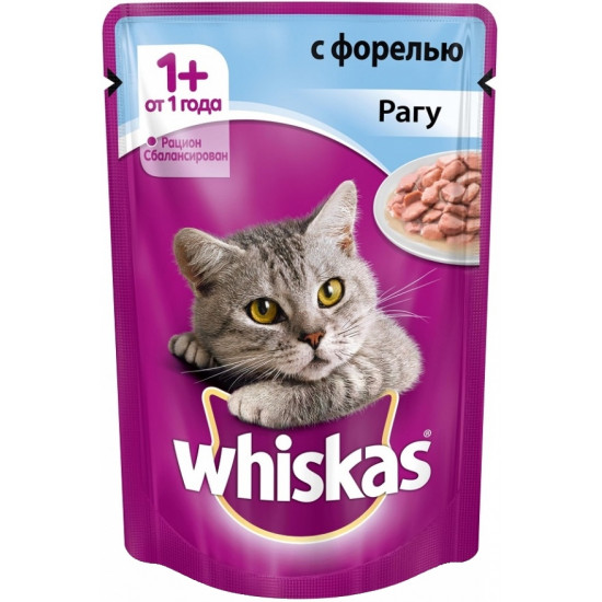 Whiskas корм пауч для взрослых кошек, рагу с форелью, 85гр (72071)