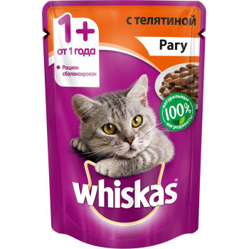 Whiskas корм пауч для взрослых кошек, рагу с телятиной, 85гр (72095)