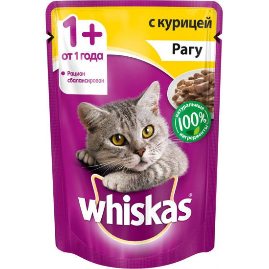 Whiskas корм пауч для взрослых кошек, рагу с курицей, 85гр (04019)