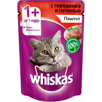 Whiskas корм пауч для взрослых кошек, паштет говядины с печенью, 85гр (38926)