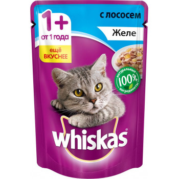 Whiskas корм пауч для взрослых кошек, желе с лососем, 85гр (72156)