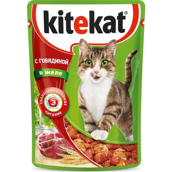 Kitekat корм пауч для взрослых кошек, говядина в желе, 85гр (75980)