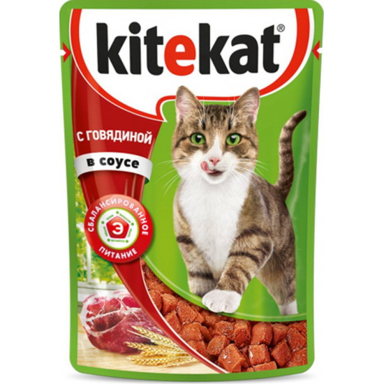 Kitekat корм пауч для взрослых кошек, говядина в соусе, 85гр (75966)